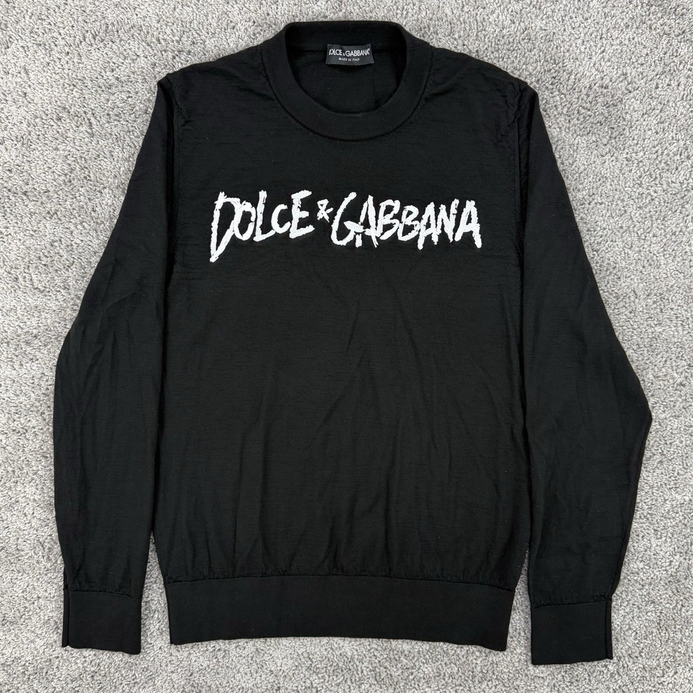 Dolce & Gabbana Sweater Men's 52 Black 100% Virgin Wool Spellout Made In Italy